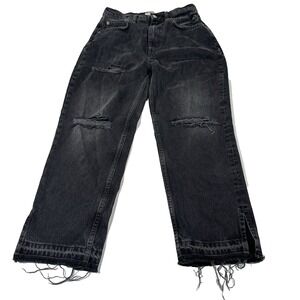 Free People Distressed Wide Leg Black Denim Jeans Cropped Raw Hem Side Slit 27